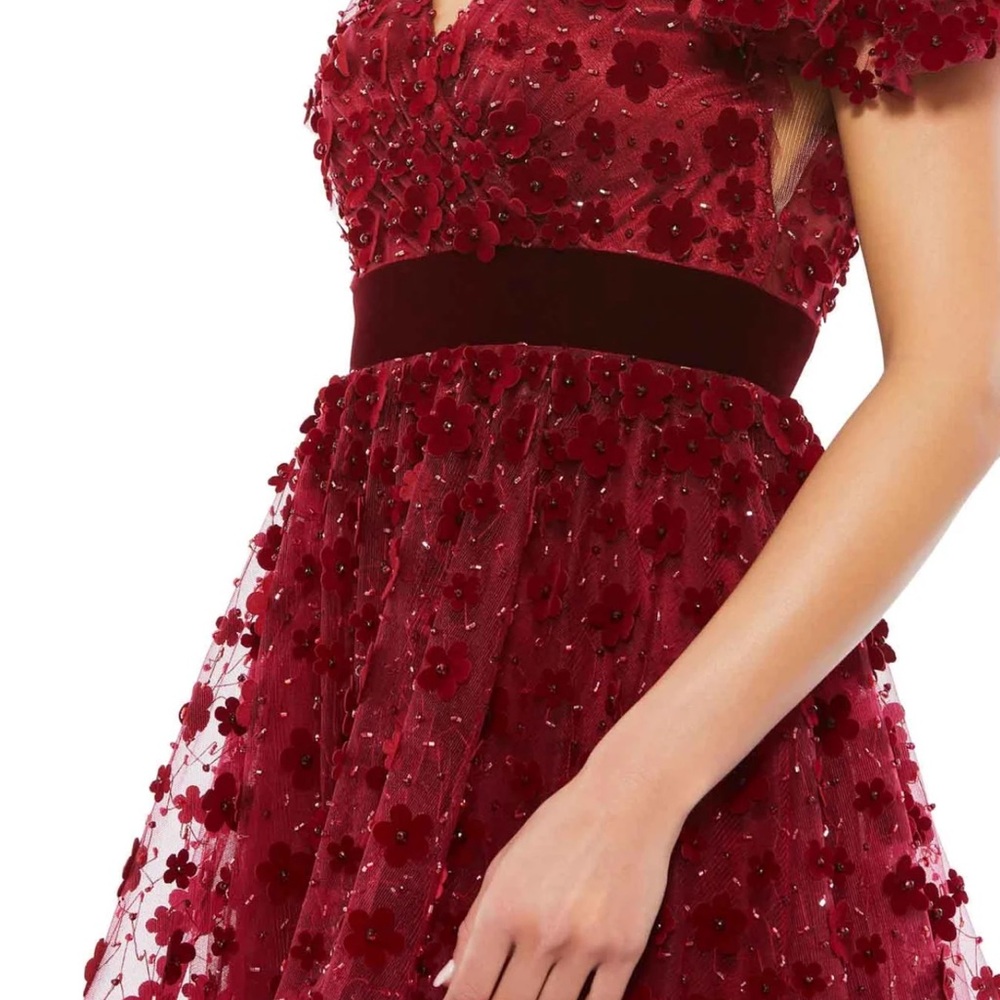 Mac Duggal Deep Berry Midi Dress with Burgundy Floral Appliqués - Picture 2 of 10